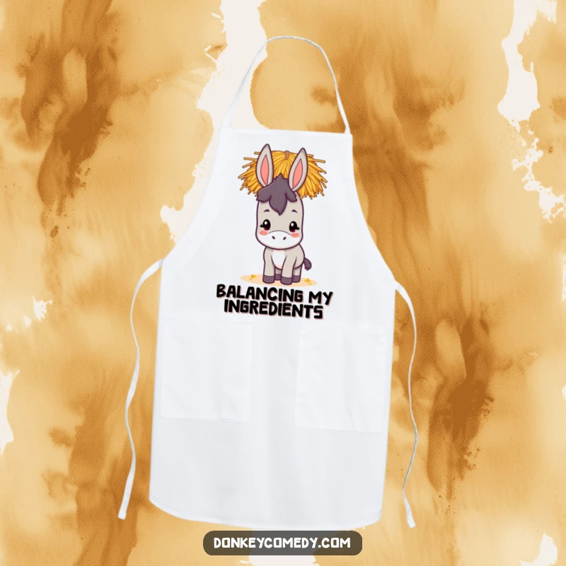 Funny kawaii donkey apron showing a cute donkey with a cheerful face balancing a stack of hay on its head, ready for kitchen duty.