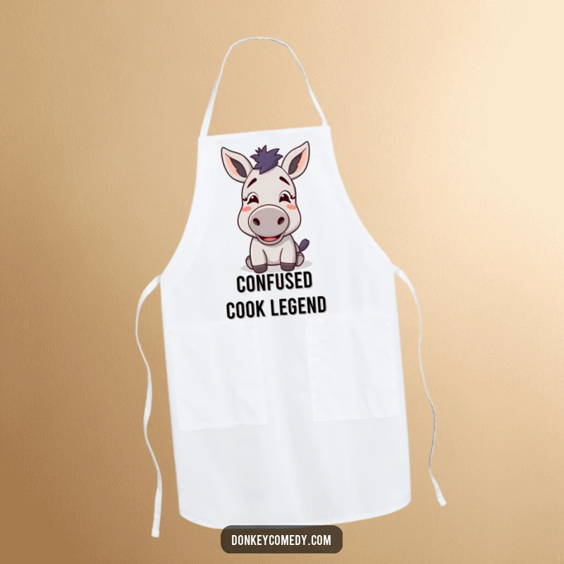 Funny kawaii donkey with a confused yet delighted expression on a kitchen apron, perfect for humorous cooking.