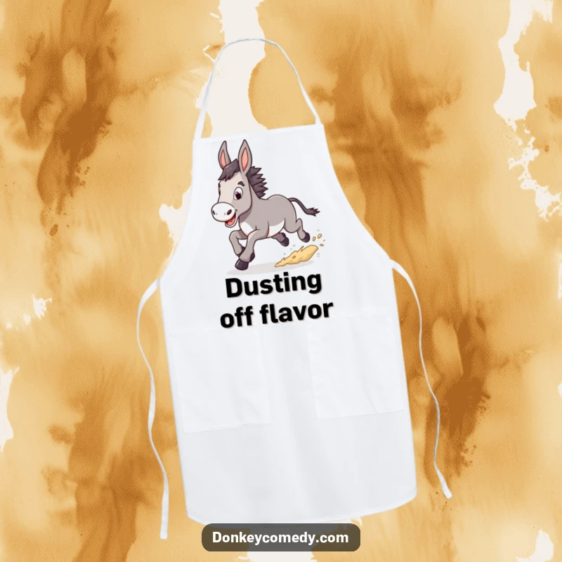 Funny Donkey Apron showing a donkey in a determined trot, kicking up dust, perfect for a humorous and motivating cooking experience.