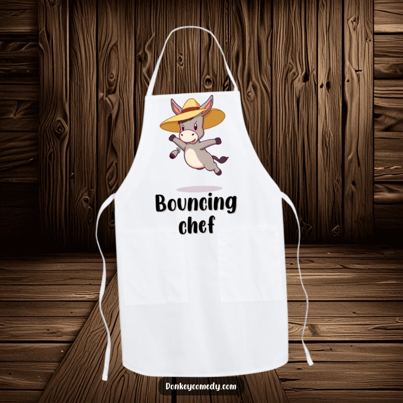 Funny bouncy donkey wearing a straw hat, jumping, on a kitchen apron, a humorous and practical gift.