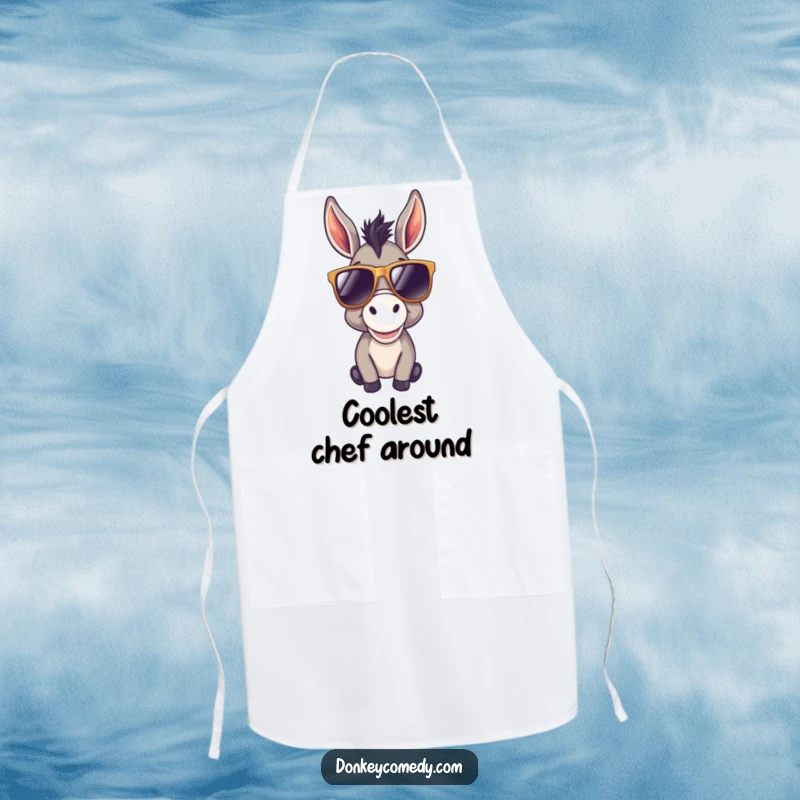 Funny donkey apron showing a cool donkey wearing oversized sunglasses, ready to cook up some fun with a happy and chilled attitude.