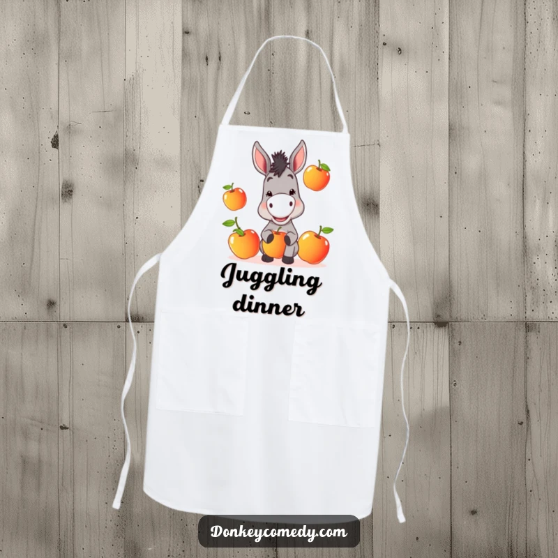 Funny Donkey Apron: A donkey with a mischievous grin juggles apples, ready to add humor to the kitchen.