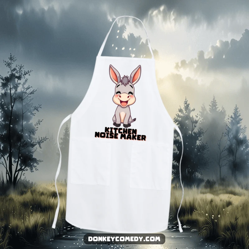 Funny kitchen apron with a joyful donkey with oversized ears braying, perfect for chefs who love donkey humor.