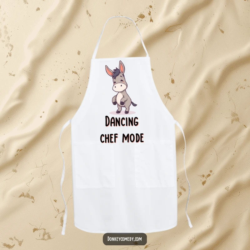 Funny Donkey Apron showing a donkey dancing with floppy ears, designed for kitchen fun and humorous flair.