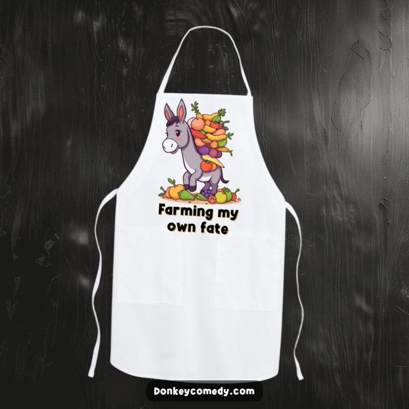 Funny donkey balancing a pile of assorted farm produce, humorous and practical kitchen apron.