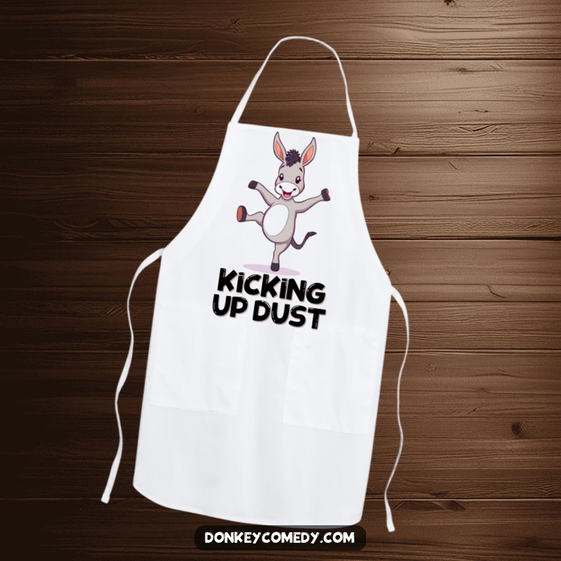 Funny donkey apron showing a cartoon donkey kicking its heels with glee, perfect for a kitchen prankster.