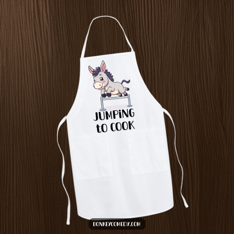 Funny apron depicting a donkey leaping over a hurdle, ideal for chefs who tackle challenges with enthusiasm.