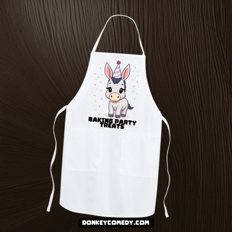 Funny donkey wearing a party hat and surrounded by confetti, a humorous and practical apron for cooking and baking.