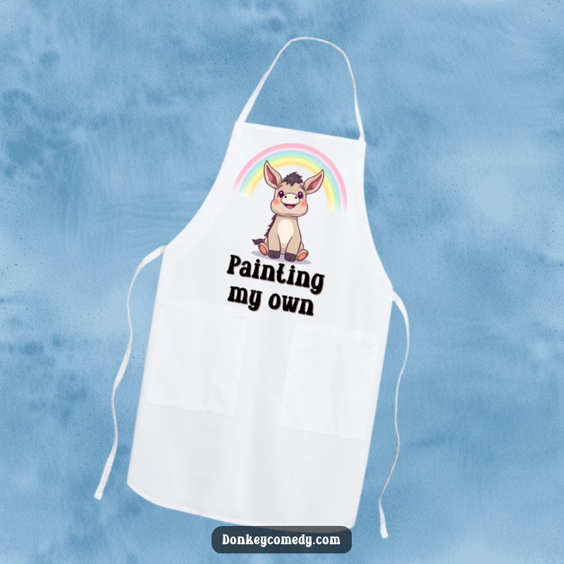 Funny donkey looking up with wonder at a rainbow, humorous and practical kitchen apron.