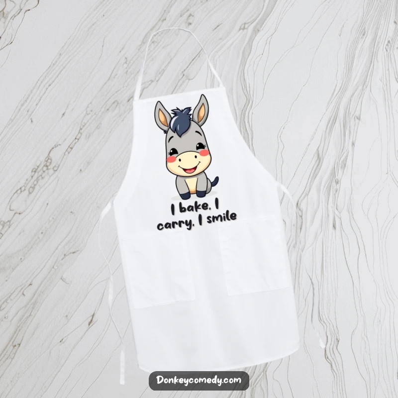 Funny Kawaii Donkey Apron showing a cute donkey with a cheerful smile and friendly nod, perfect for cooking.