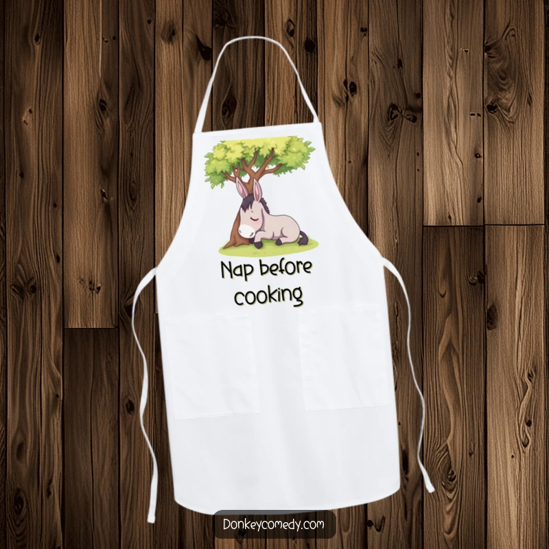 Funny sleepy donkey resting under a shady tree, on a kitchen apron, a humorous and practical gift.