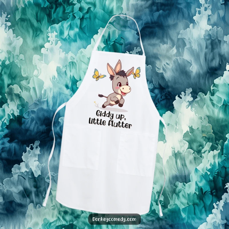 Funny apron showing a determined and happy donkey playfully chasing a butterfly, perfect for adding humor to cooking or crafting.