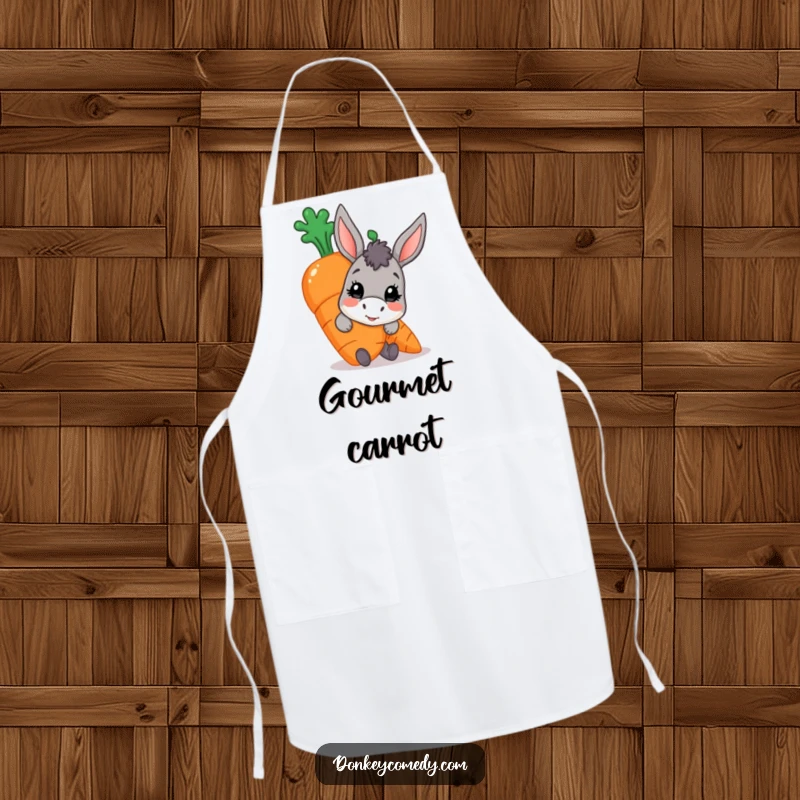 Funny donkey carrot apron, a character peeking from behind a large ripe carrot, bringing cartoon mischief to cooking.