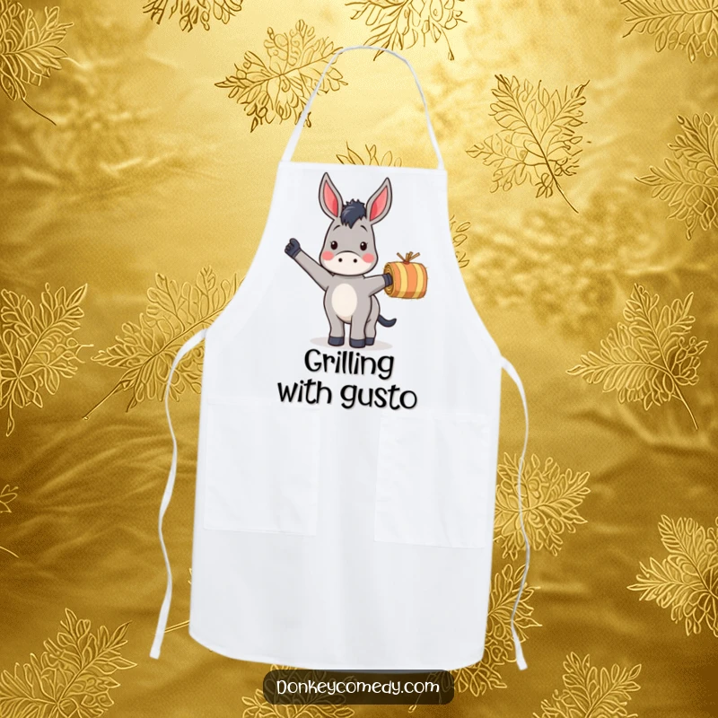 Funny apron showing a donkey enthusiastically waving a striped hay bale, perfect for cooking and kitchen humor.