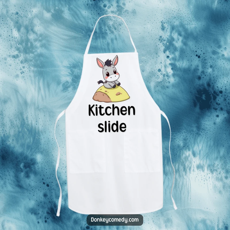 Funny donkey slide apron, with a comically surprised face while sliding down a hill, ideal for adding fun to kitchen tasks.