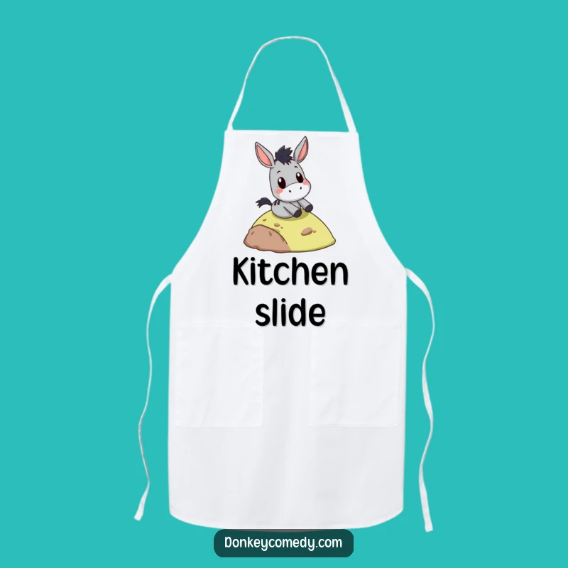 Funny surprised donkey slide apron, a fun kitchen gift, showing a donkey sliding with surprise.