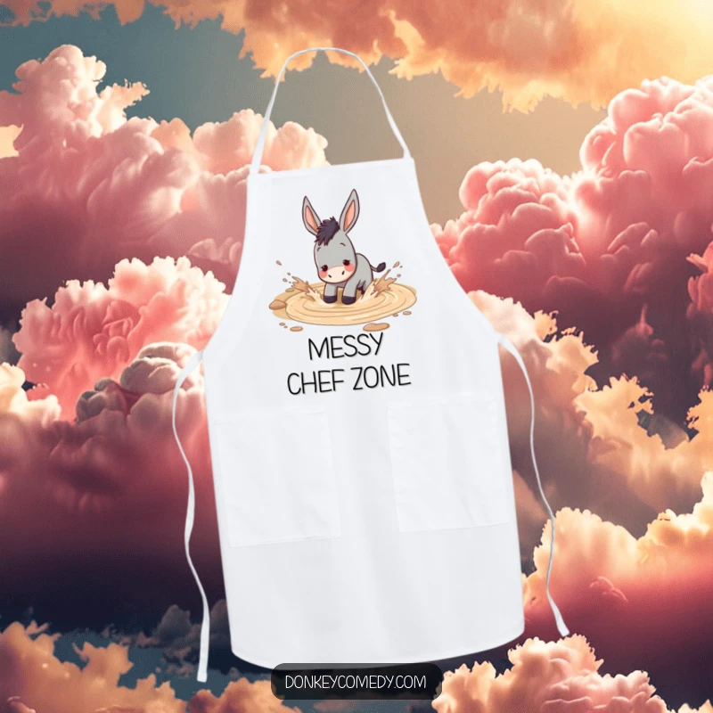 Funny donkey joyfully splashing in a muddy puddle, humorous and practical kitchen apron.