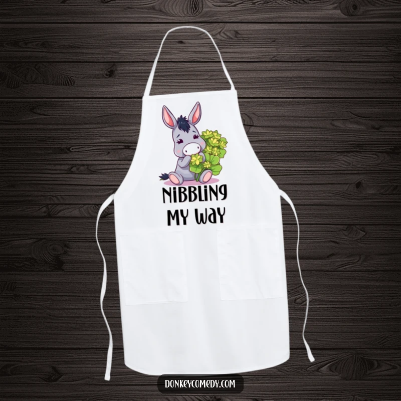 Funny apron featuring a donkey playfully munching a gigantic clover, ideal for chefs who love a good laugh.