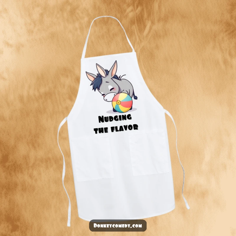 Funny donkey apron showing a happy donkey playfully nudging a colorful ball with its nose, ready for kitchen duty with a smile.