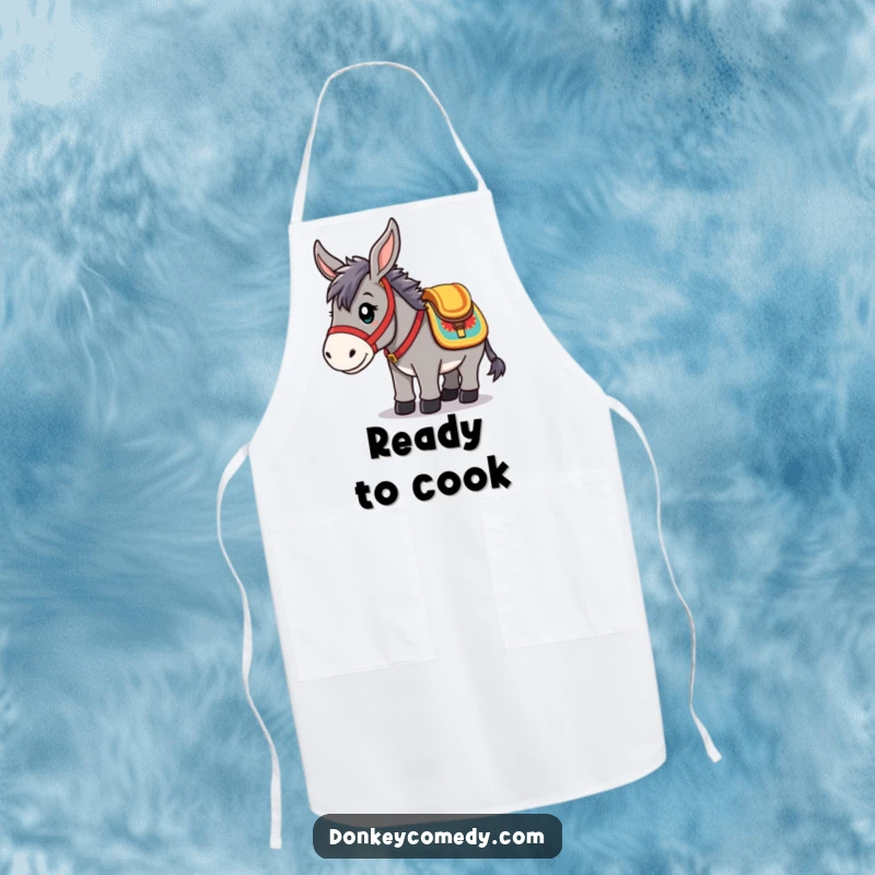 Funny Apron showing a kawaii donkey in a saddle, ready for action, perfect for kitchen tasks with humorous travel vibes.