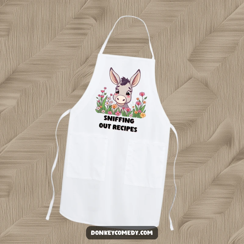 Funny donkey with alert, high ears, curiously peering into a colorful flower patch, featured on a functional and amusing apron.
