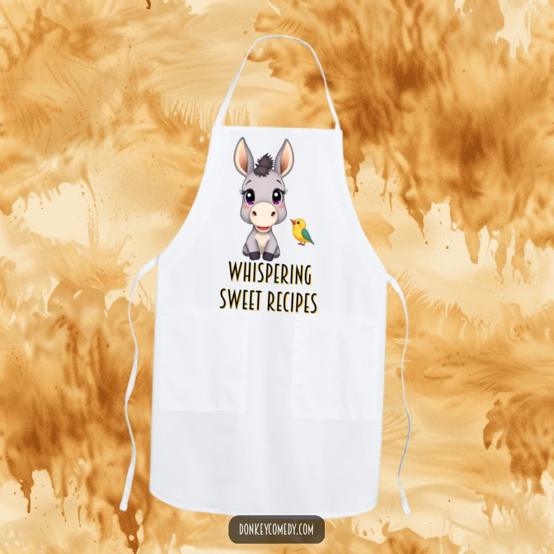 Funny apron showing a donkey with large, curious eyes listening to a chirping bird, perfect for a thoughtful cooking experience.