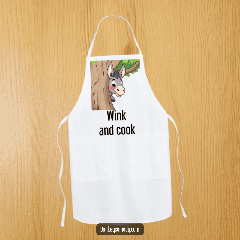 Funny donkey apron showing a donkey playfully peeking from behind a tree with a wink, perfect for adding humor to meal prep.