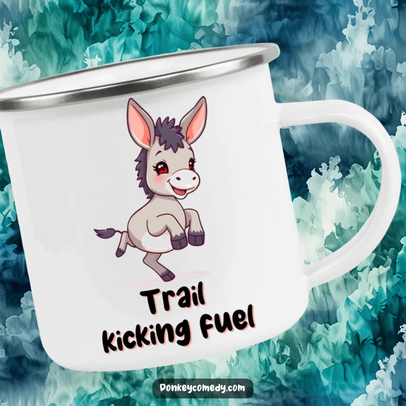 Funny small donkey with large ears, joyfully kicking its hind legs, ready for adventure on a rugged camping mug.