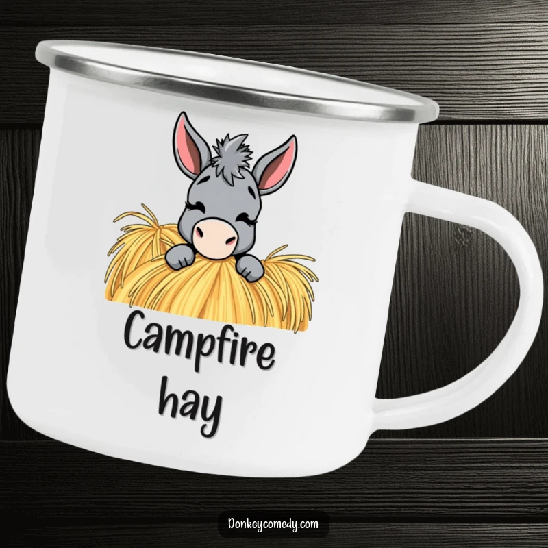 Funny Donkey Camping Mug: A donkey peeks from a haystack with a playful wink, perfect for outdoor fun.