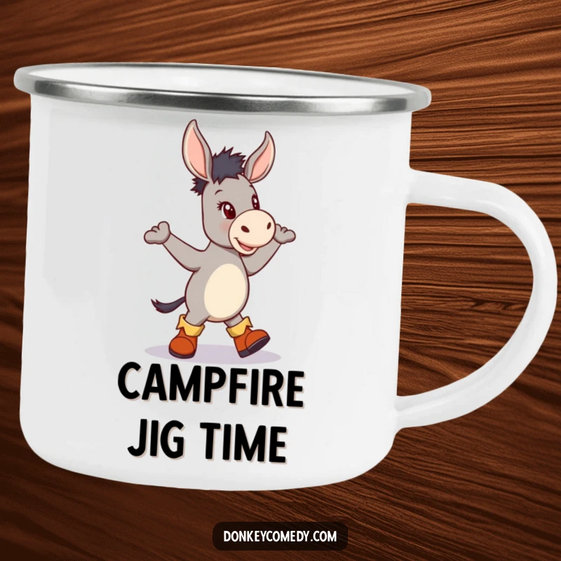 Funny camping mug featuring a donkey in tiny boots doing a jig, perfect for outdoor celebrations and fun.