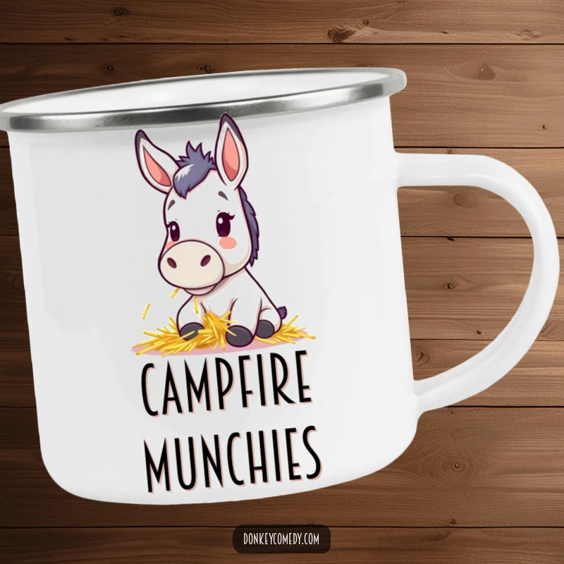 Funny camping mug with a cute kawaii donkey, perky ears, happily munching hay, perfect for outdoor enjoyment, a durable funny gift.