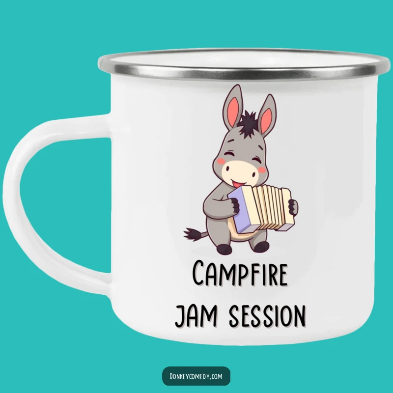 Durable funny donkey accordion camping mug, a musical gift for campers, featuring a smiling donkey playing.