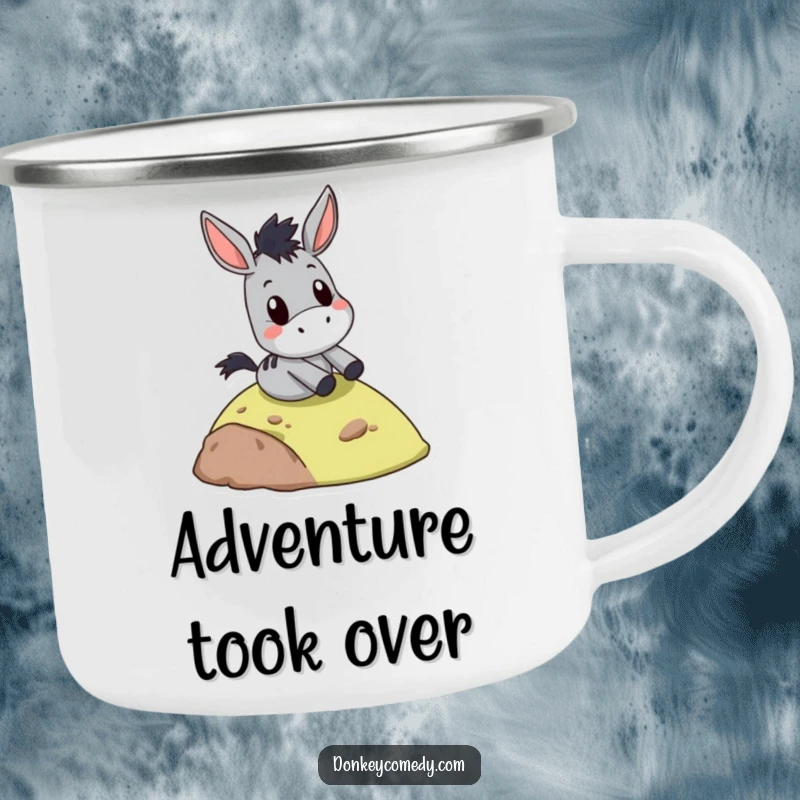 Funny donkey slide camping mug, sliding down a hill with a shocked expression, ready for outdoor adventures and humorous moments.