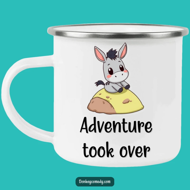 Durable funny surprised donkey camping mug, a gift for adventurers, featuring a donkey sliding with shock.