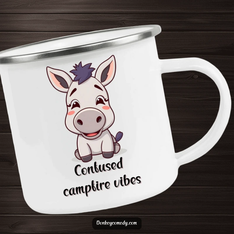 Funny kawaii donkey with a confused but delighted expression on a camping mug, perfect for humorous outdoor enjoyment.