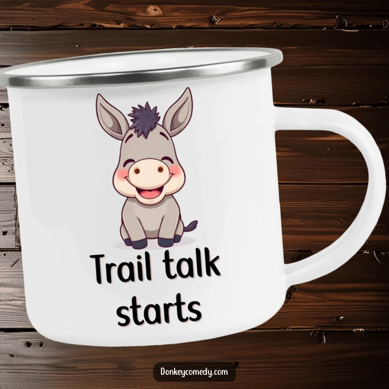 Funny Donkey Braying Camping Mug: A durable enamel mug with a cheerful donkey braying, perfect for funny outdoor mornings.