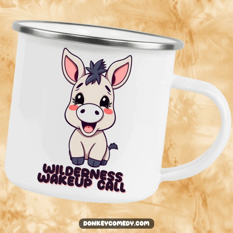 Funny kawaii donkey camping mug, large-eared and joyfully braying, ideal for outdoor excursions and laughter.