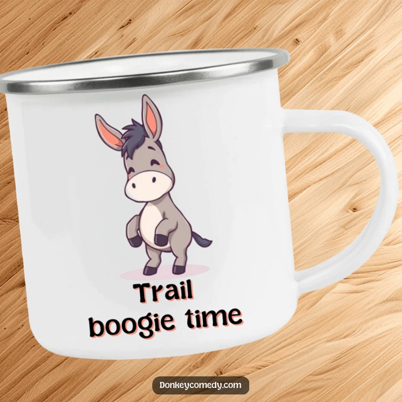Funny Donkey Camping Mug showing a donkey dancing with floppy ears, designed for humorous outdoor fun.