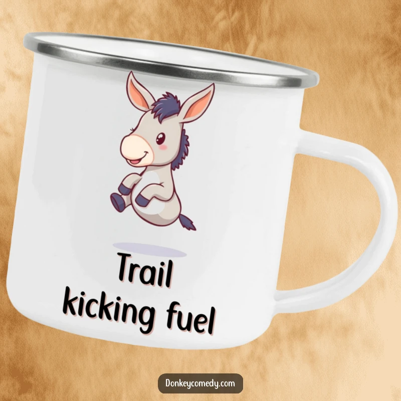 Funny donkey camping mug, showing a floppy-eared creature kicking its legs, ready for adventure and bringing smiles to the great outdoors.