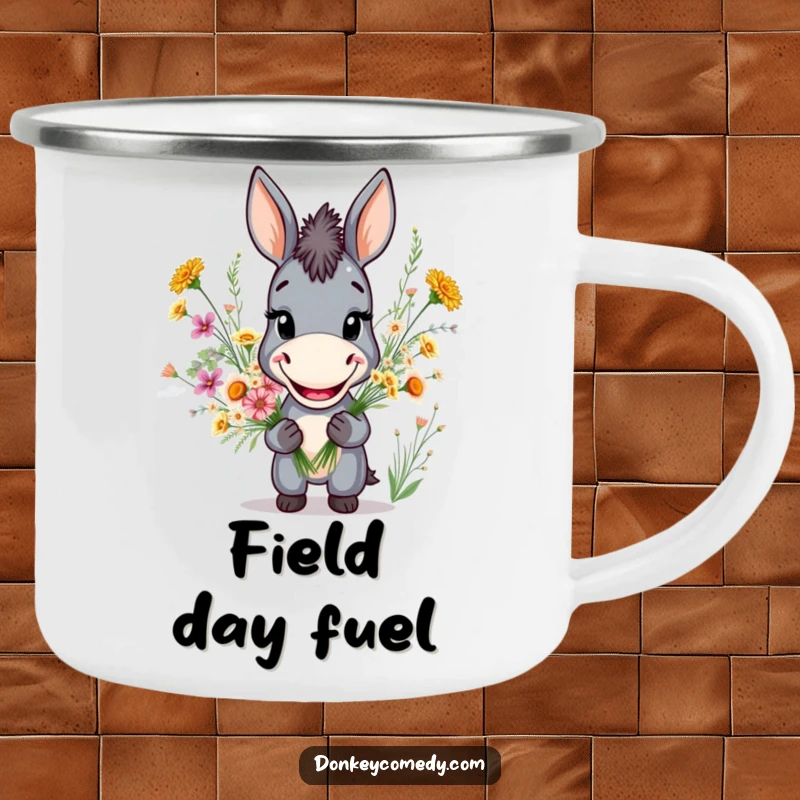 Funny camping mug featuring a smiling donkey holding a wildflower bouquet, perfect for enjoying drinks outdoors.