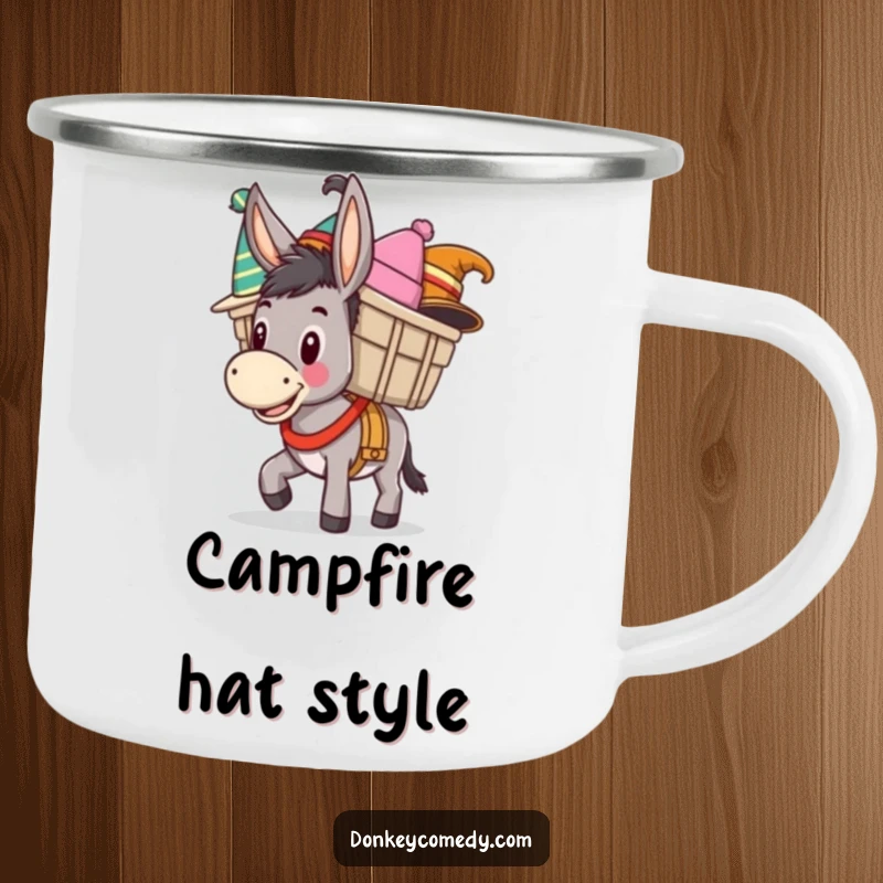 Funny camping mug with a happy donkey carrying a load of funny hats, built for outdoor fun and amusement.