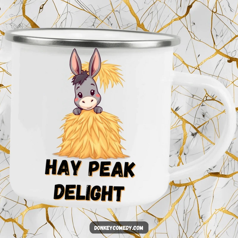Funny Donkey Camping Mug depicting a donkey peeking over a tall stack of hay, perfect for enjoying drinks outdoors with a view.