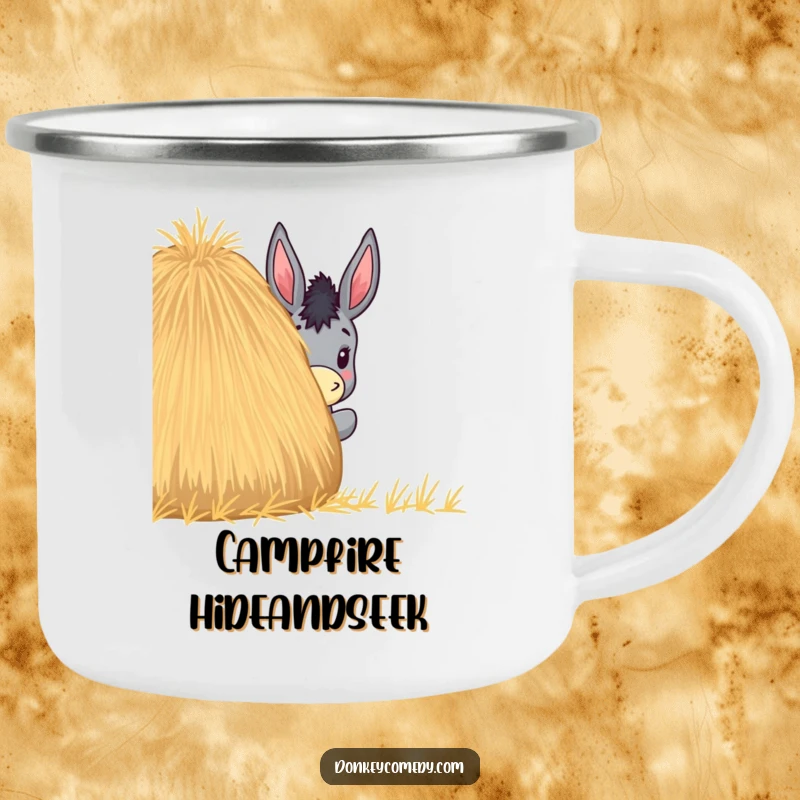 Funny camping mug showing a curious donkey peeking out from behind a haystack, adding humor to outdoor activities.