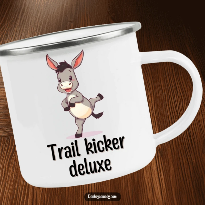 Funny Donkey Camping Mug depicting a donkey doing a funny kick with hind legs, perfect for enjoying drinks during outdoor adventures.