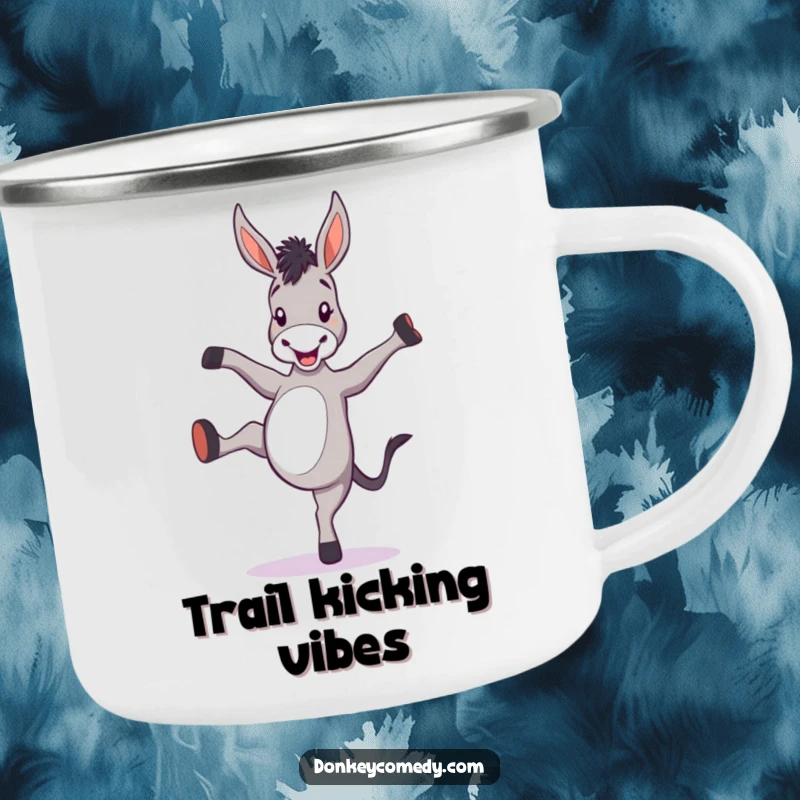 Funny donkey camping mug with a cartoon donkey kicking its heels, ready for outdoor fun and laughter.