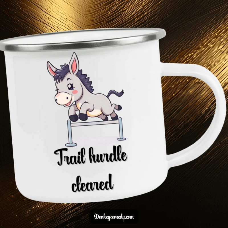 Funny camping mug featuring a donkey mid-leap over a hurdle, perfect for celebrating outdoor accomplishments.