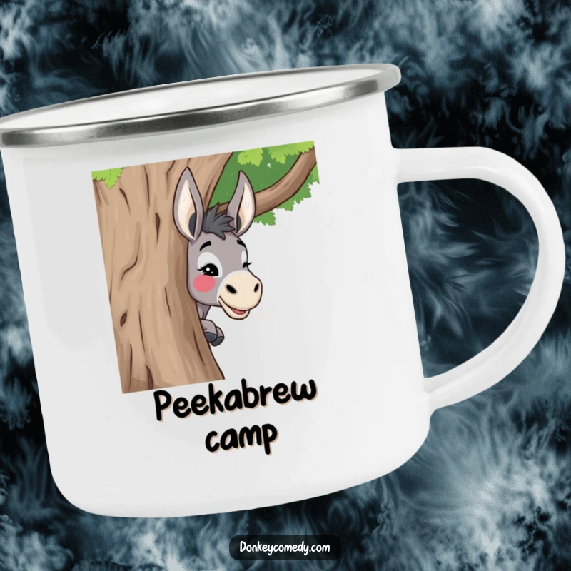 Funny donkey camping mug showing a donkey playfully peeking around a tree with a wink, perfect for enjoying drinks outdoors.