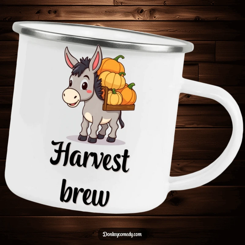 Funny Donkey Pumpkin Haul Camping Mug: An enamel mug featuring a determined donkey carrying pumpkins, for funny fall outdoor adventures.