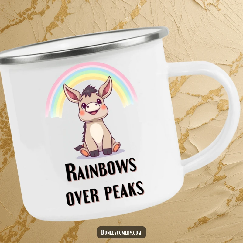 Funny donkey looking up with wonder at a rainbow, durable and humorous camping mug.