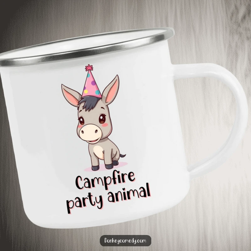 Funny kawaii donkey wearing a silly, oversized party hat on a camping mug, perfect for outdoor parties and humor.